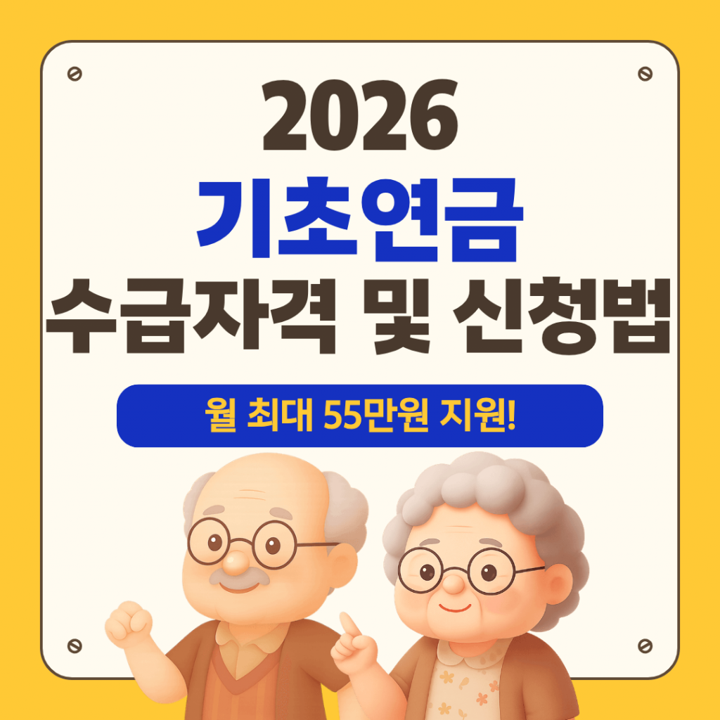 2026년 기초연금 수급자격 기준과 신청방법을 요약한 인포그래픽 이미지. 65세 이상 어르신을 위한 소득인정액 계산법과 지원 금액 정보를 담고 있습니다.