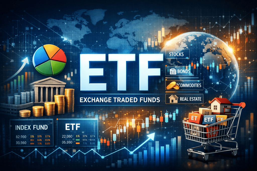 ETF(상장지수펀드) 글자가 적힌 바구니 안에 다양한 주식과 채권 종목들이 분산 투자되어 담겨 있는 모습의 재테크 컨셉 이미지.