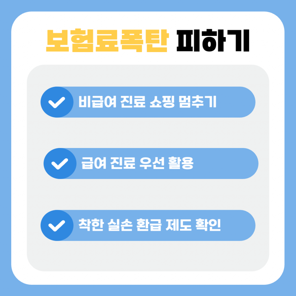 도수치료 등 비급여 진료 관리와 급여 진료 우선 활용, 무사고 할인 혜택 확인을 통한 실손보험료 할증 방지 및 폭탄 회피 방법 가이드 이미지