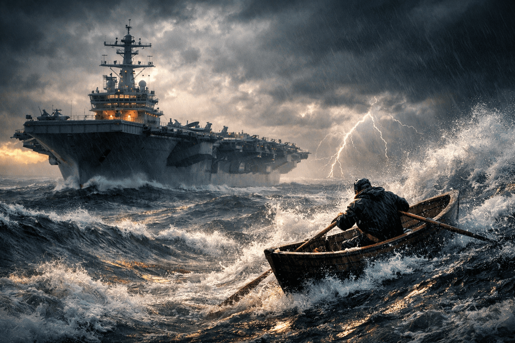 거친 폭풍우가 몰아치는 바다 위에서 흔들림 없이 전진하는 거대한 항공모함과 파도에 휩쓸리는 작은 나룻배를 대비시켜 시가총액에 따른 투자 안정성을 시각적으로 표현한 시네마틱 이미지.