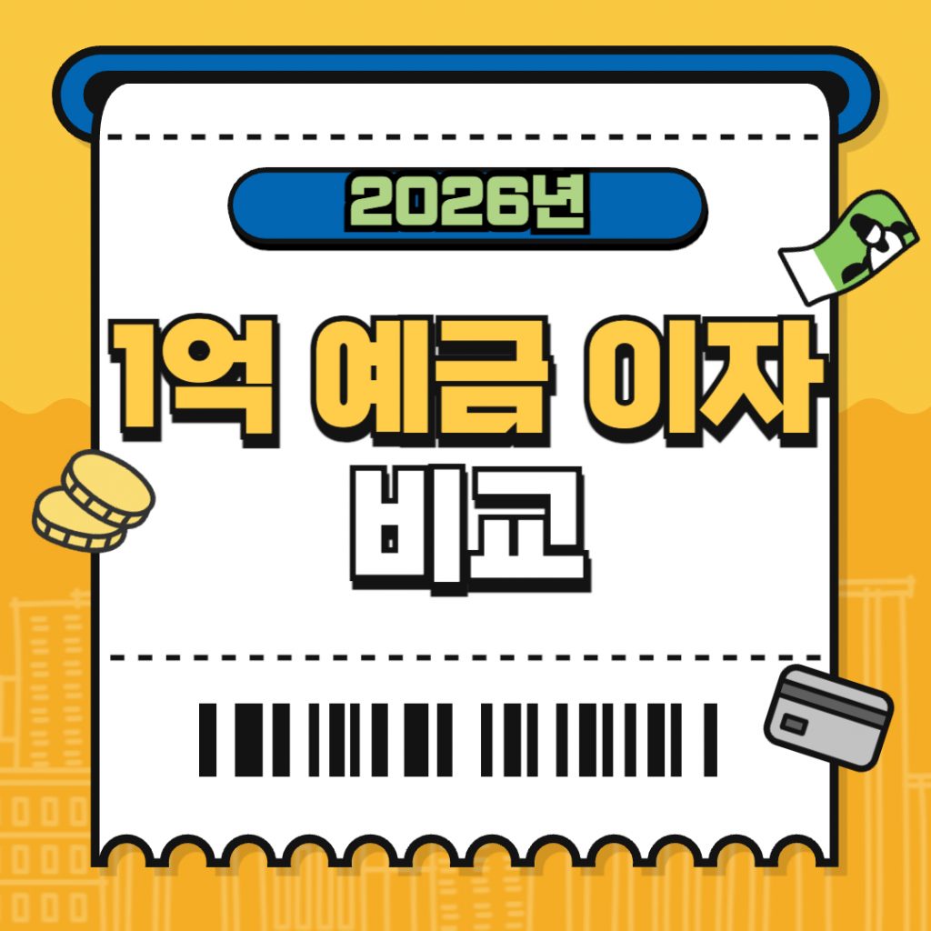 '1억 예금 이자 비교'라는 문구가 크게 적힌 금융 정보 이미지. 배경에는 5만 원권 지폐 뭉치와 함께 주요 시중은행 및 저축은행의 금리 비교 도표, '세후 실제 수령액'을 계산하는 계산기 그래픽이 포함됨.