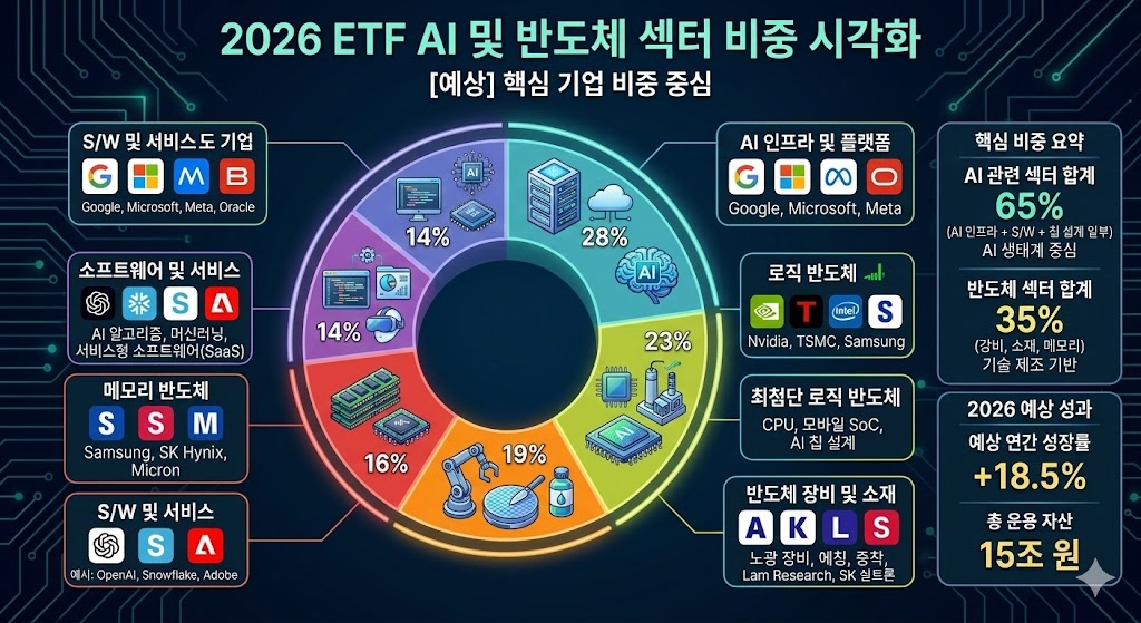 2026년 글로벌 주식 시장에서 AI(인공지능) 및 반도체 섹터가 차지하는 비중과 성장 전망을 시각화한 데이터 차트 이미지