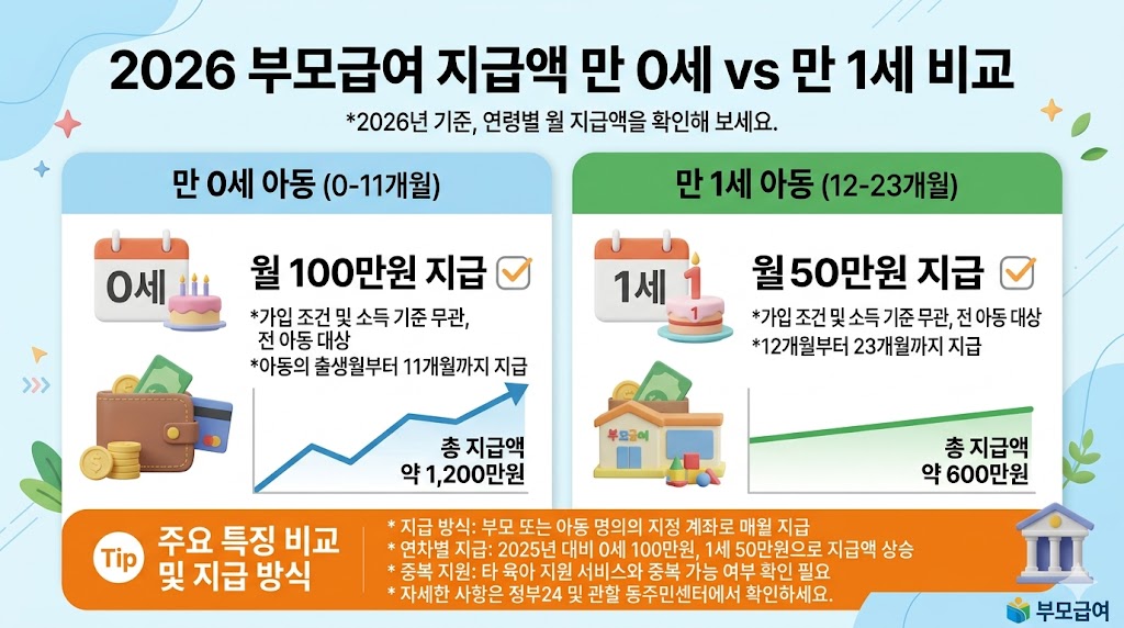 만 0세와 1세 아동에 대한 2026 부모급여 지급액 차이를 보여주는 비교 도표
