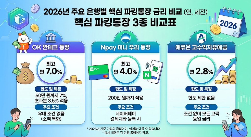 주요 저축은행별 파킹통장 금리와 한도를 한눈에 비교할 수 있는 인포그래픽 차트.