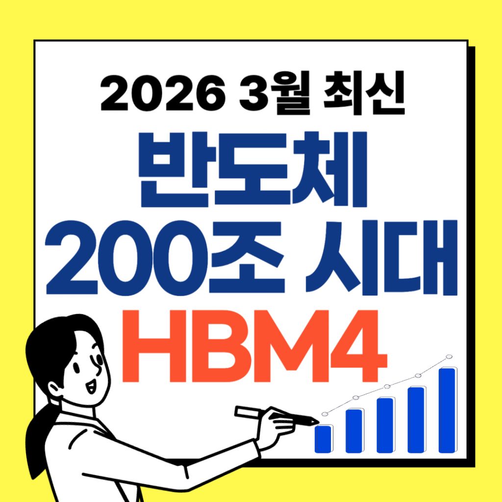 '반도체 200조 시대, HBM4가 이끈다'라는 제목의 대표 이미지. 배경에는 삼성전자와 SK하이닉스의 로고가 희미하게 보이며, 적층형 고대역폭 메모리(HBM4) 칩의 해부도와 함께 글로벌 AI 서버 수요 폭증을 상징하는 우상향 그래프, '엔비디아 H100/B100 탑재'라는 강조 문구가 포함됨.