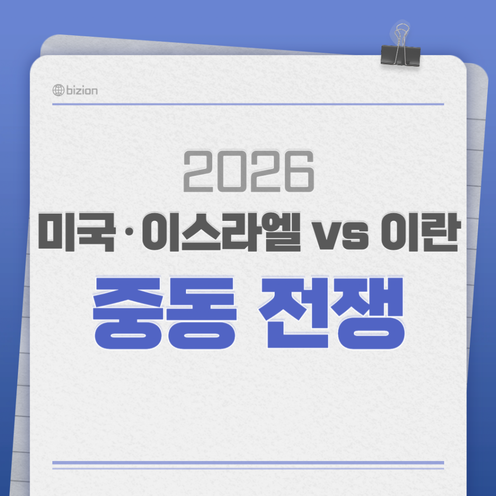 2026년 중동 전쟁의 긴박한 상황을 상징하는 미국과 이스라엘 대 이란의 대립 구도 그래픽. 군사 작전 지도와 국기, 폭격 연기가 피어오르는 배경 위에 '미국·이스라엘 vs 이란 2026 중동 전쟁' 문구가 강조된 대표 이미지.