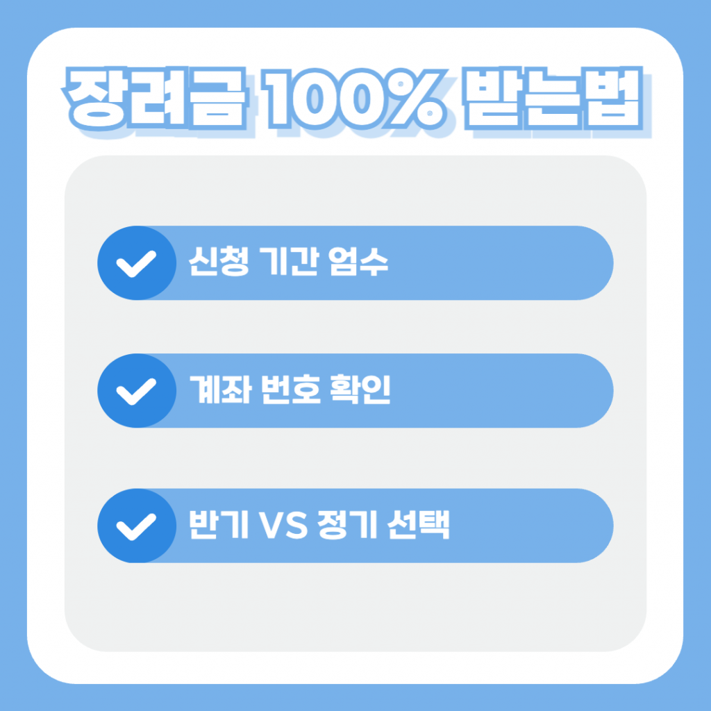 근로장려금 100% 전액 수령을 위한 3가지 핵심 수칙(신청기간 엄수, 계좌번호 확인, 반기 vs 정기 선택)이 명시된 안내 이미지. 2026년 3월 반기 신청 기간과 6월 지급일 정보를 포함함.