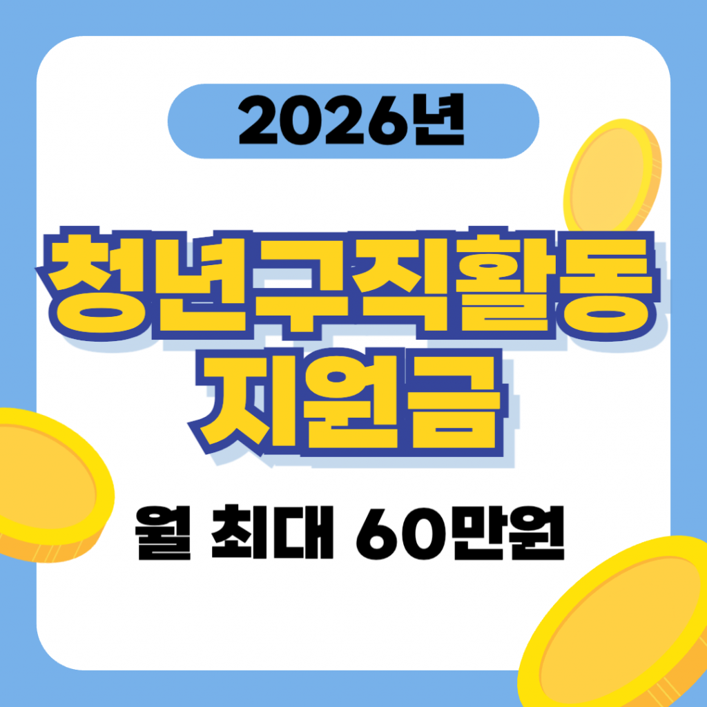 '2026 청년구직활동지원금 월 최대 60만원'이라는 문구가 중앙에 강조된 대표 이미지. 밝고 희망찬 분위기의 청년이 노트북으로 구직 활동을 하는 모습과 정부 지원금을 상징하는 화폐 아이콘, 체크리스트 그래픽이 포함된 정보성 이미지.