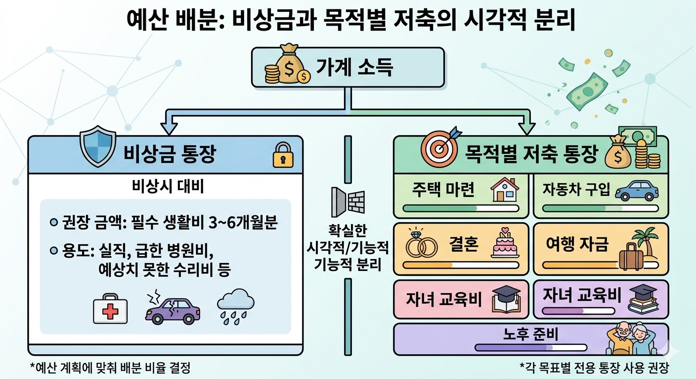 비상금과 목적별 저축 통장을 시각적으로 분리하여 구성한 다이어그램입니다.