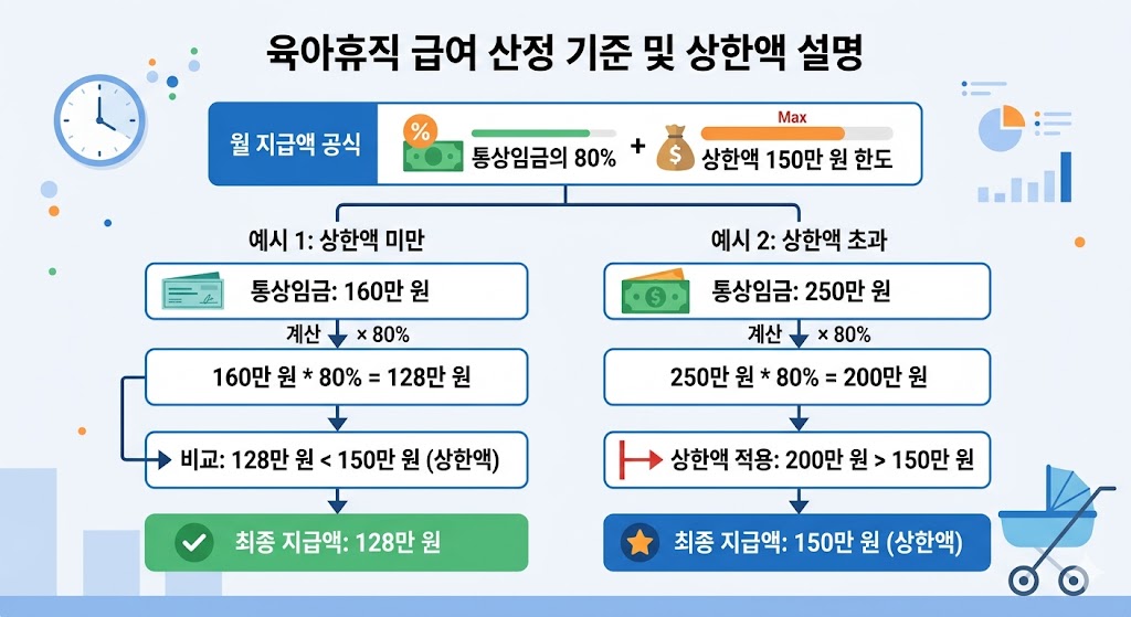 육아휴직 급여 산정 기준인 통상임금 80퍼센트와 상한액 150만 원을 설명하는 차트