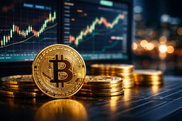 2026년 3월 지정학적 리스크 심화 속에 전통적 안전자산인 금과 함께 포트폴리오 헤지 수단으로 부상한 비트코인(BTC)의 황금색 심볼 이미지.