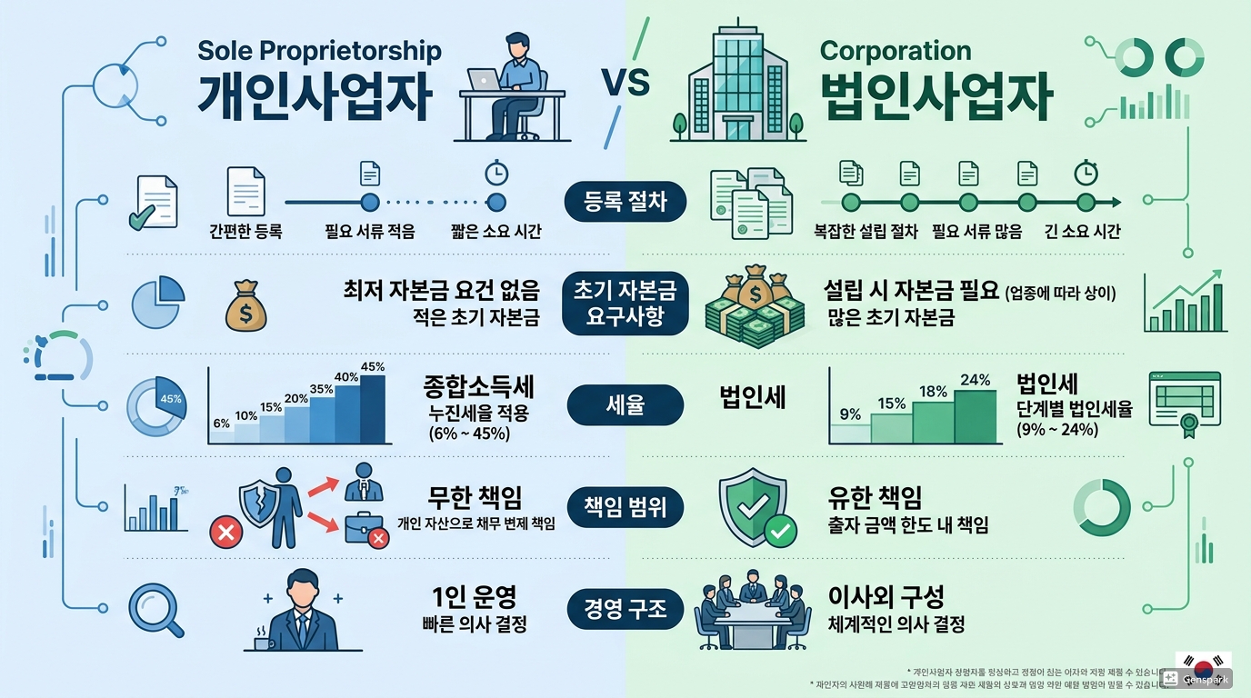 개인사업자와 법인사업자의 장단점을 비교한 표와 분석 차트