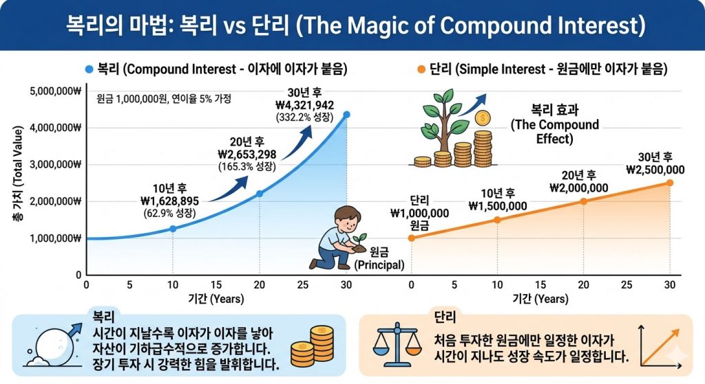 시간이 흐를수록 자산이 기하급수적으로 증가하는 복리의 마법을 보여주는 우상향 곡선 그래프와 효율적인 매매법 이미지