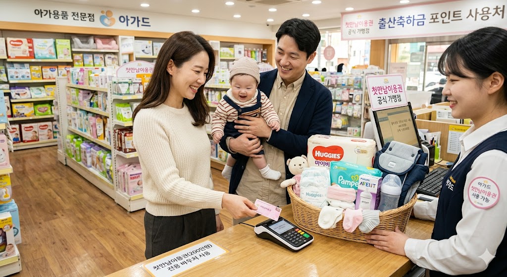 첫만남이용권 포인트를 사용하여 육아용품을 구매하는 모습