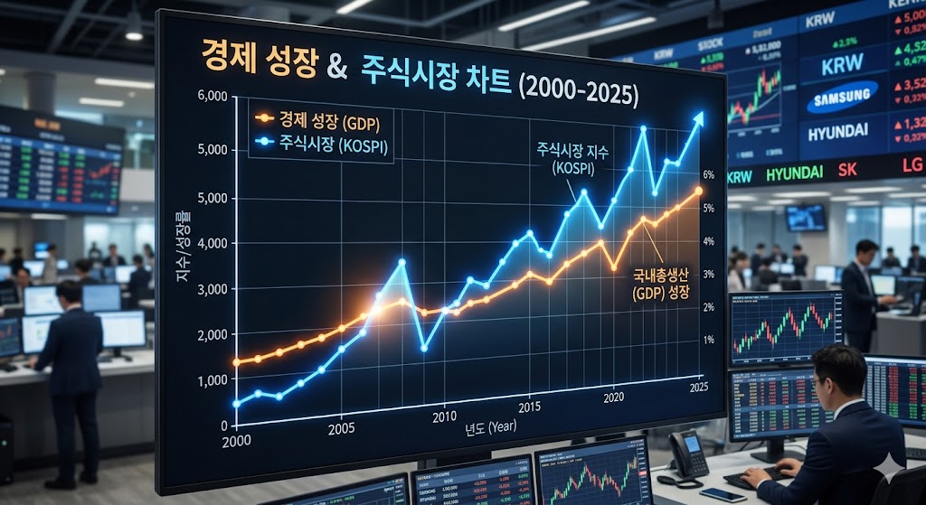 GDP 성장률 상승과 함께 우상향하는 주식시장 차트의 모습