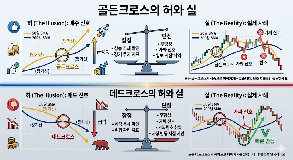 주식 차트에서 단기 이평선이 장기 이평선을 돌파하는 골든크로스와 하향 돌파하는 데드크로스 신호 및 지연 현상(속임수)을 분석한 이미지