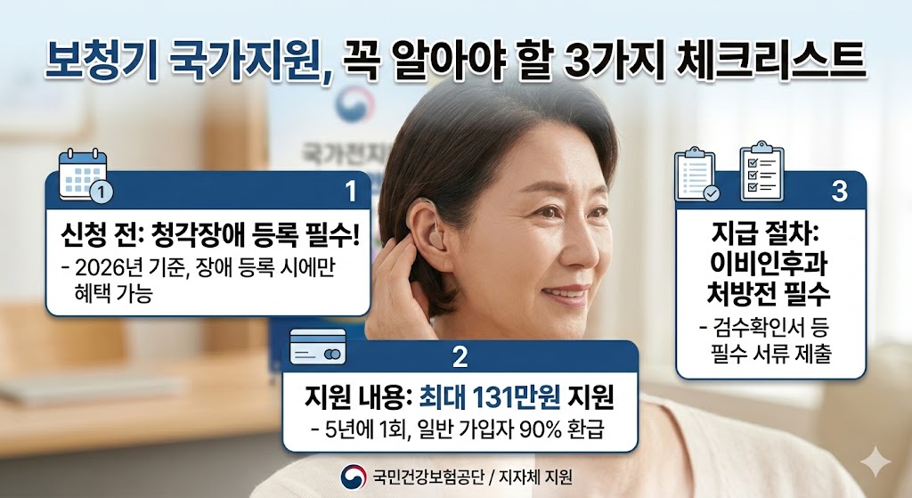 보청기 국가지원, 꼭 알아야 할 3가지 체크리스트'라는 제목 하에 세 가지 핵심 정보가 포함된 인포그래픽. 1. 신청 전: 청각장애 등록 필수, 2. 지원 내용: 최대 131만원 지원, 3. 지급 절차: 이비인후과 처방전 필수. 중앙에는 보청기를 착용한 미소 짓는 어르신의 이미지가 있음.
