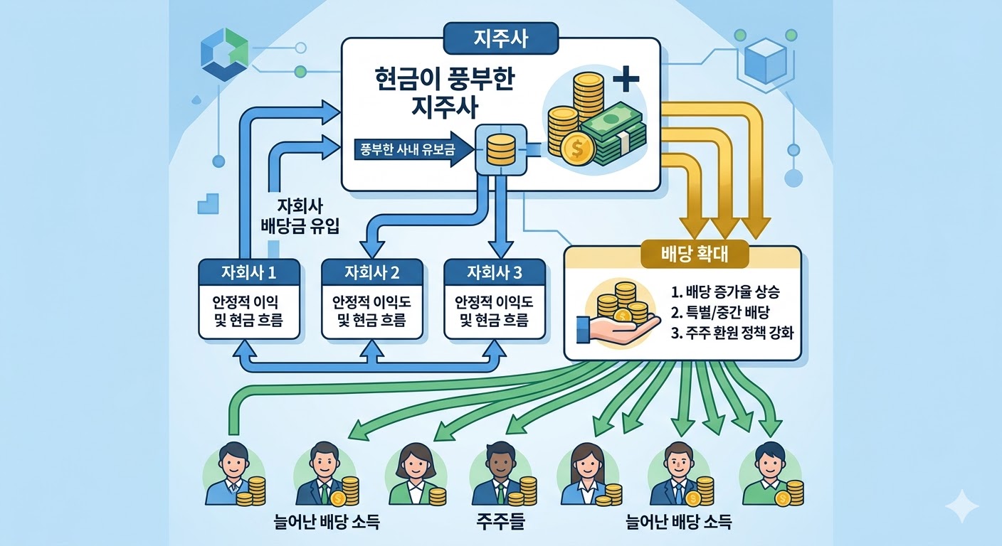 현금이 풍부한 지주사가 배당을 확대하는 구조도