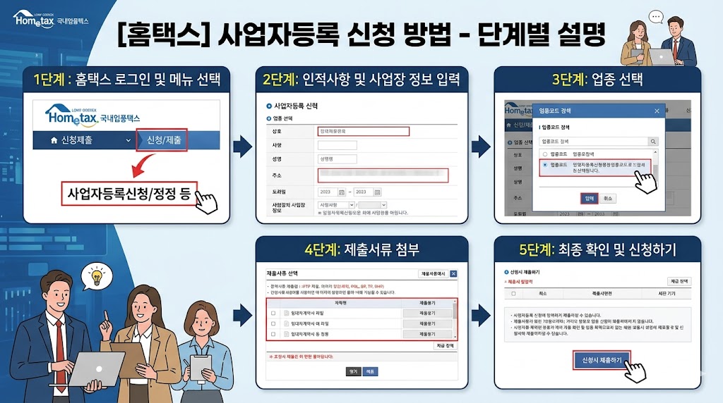 국세청 홈택스에서 사업자 등록을 신청하는 실제 화면과 단계별 설명