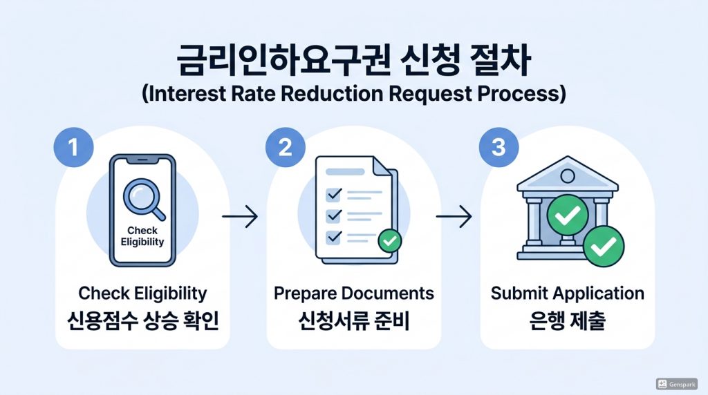 마이너스통장 이자 부담을 낮추기 위한 은행 앱 내 금리인하요구권 신청 화면 및 단계별 신청 절차 안내 이미지