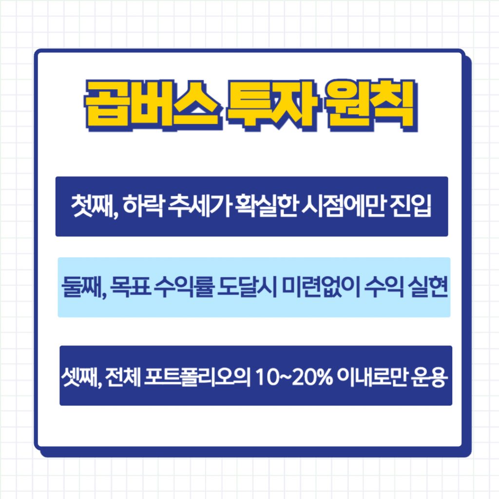 하락 추세 확인 후 진입, 목표 수익 달성 시 익절, 포트폴리오 비중 10~20% 유지 등 곱버스 투자 리스크 관리를 위한 3대 핵심 원칙이 적힌 가이드 이미지.