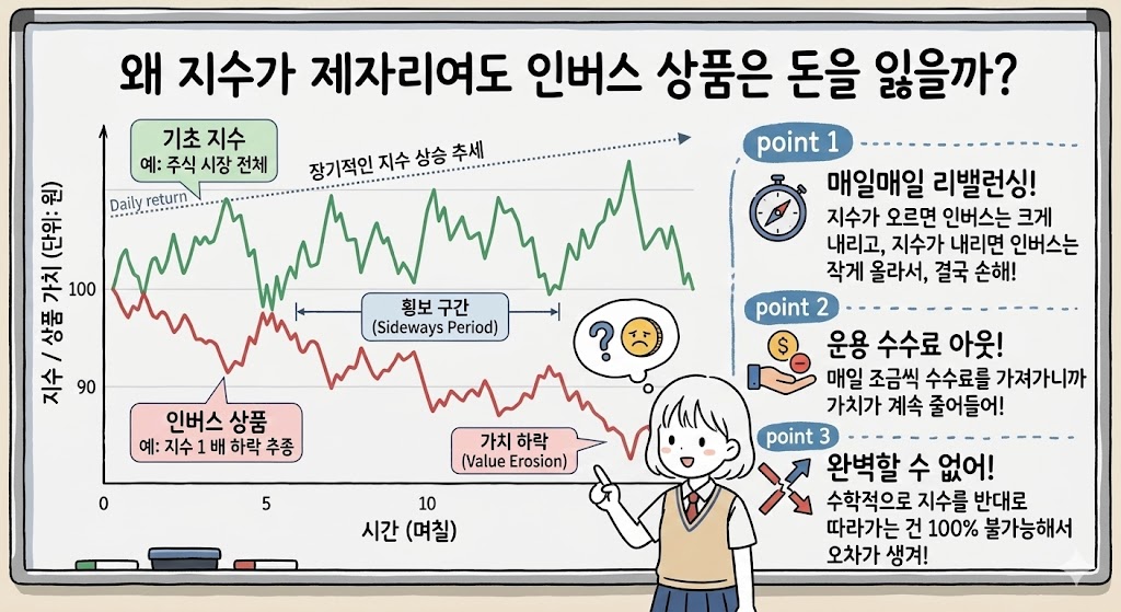 주가 지수가 일정한 범위 내에서 횡보할 때 인버스 및 2X 곱버스 ETF 상품의 자산 가치가 복리 효과로 인해 점진적으로 하락하는 원리를 보여주는 비교 그래프.