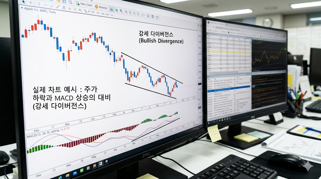 주가는 하락하고 있으나 MACD 지표는 상승하며 추세 전환 신호를 보내는 상승 다이버전스 실제 차트 분석 예시