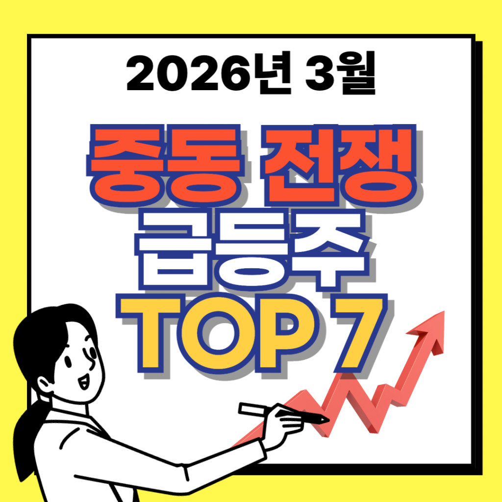 2026년 3월 중동 전쟁 위기 고조에 따른 관련 주식 시장 급등주 TOP 7 종목 리스트를 정리한 인포그래픽 이미지.