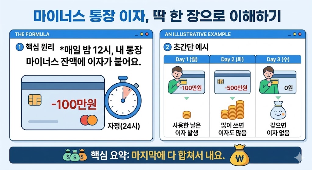 마이너스 통장 사용 금액에 대한 이자를 일별로 산출하는 일할 계산 공식과 실제 계산 사례 가이드 이미지