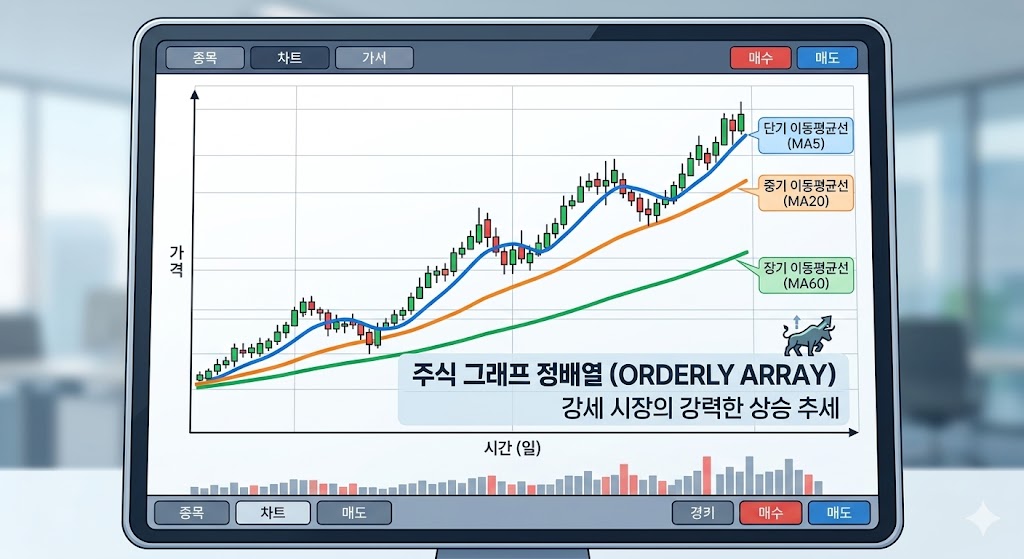 주식 차트에서 단기, 중기, 장기 이동평균선이 위에서부터 순서대로 나란히 배열되어 강력한 상승 추세를 보이는 정배열 구간 이미지