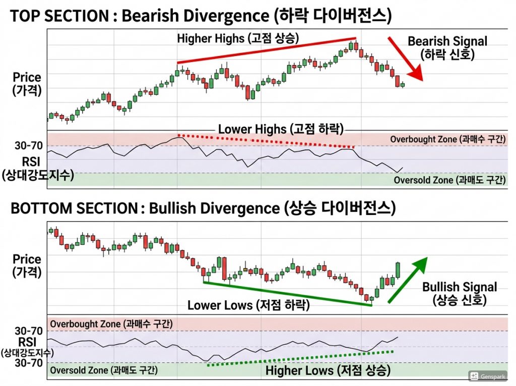 주가의 저점은 낮아지지만 RSI 지표의 저점은 높아지며 추세 반전을 예고하는 상승 다이버전스 현상 설명 이미지