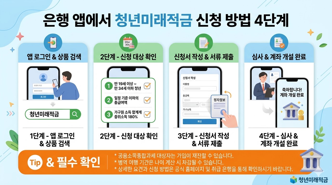 은행 앱에서 청년미래적금 신청 방법 4단계를 안내하는 다이어그램