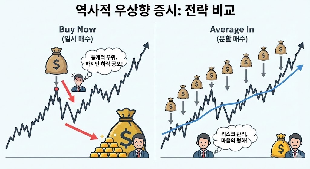 주가 하락 시 리스크를 분산하기 위해 자금을 나누어 매수하는 주식 분할매수 전략의 개념도 및 매수 타점 설명 이미지