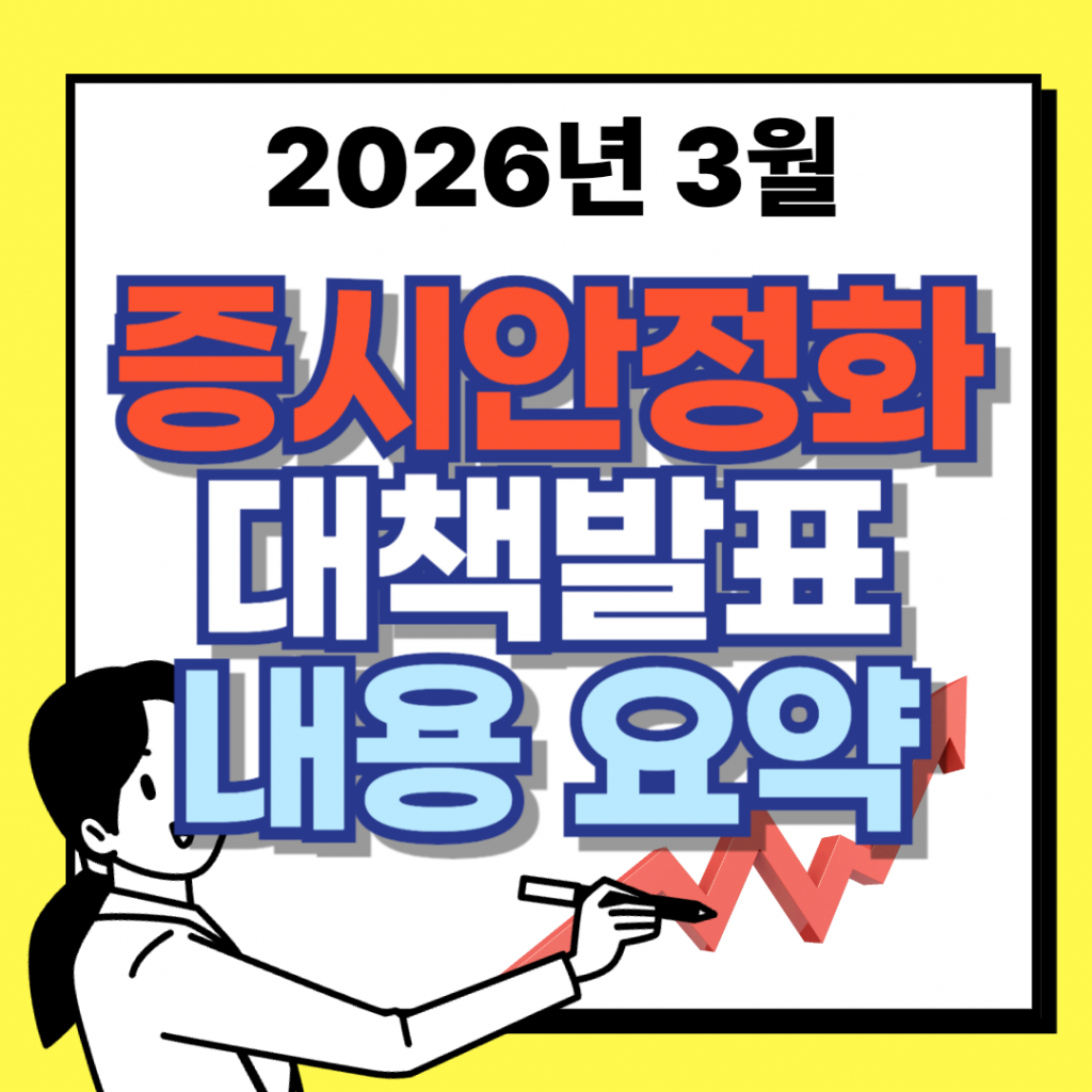 2026년 3월 중동 전쟁발 증시 폭락에 대응하여 정부가 발표한 공매도 금지, 증시안정펀드 가동, 신용공여 담보비율 유지의무 면제 등 긴급 증시 안정화 대책 요약 인포그래픽 이미지.