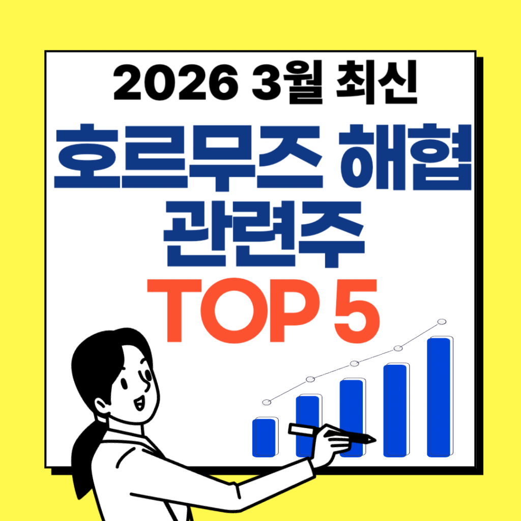 호르무즈 해협 봉쇄 위기에 따른 국내 주식 시장의 해운, 정유, 방산 관련주 TOP 5 종목 리스트를 정리한 인포그래픽 이미지.
