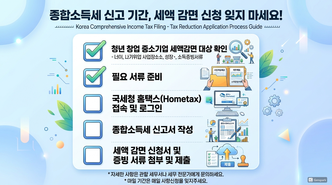매년 종합소득세 신고 기간에 잊지 말아야 할 세액감면 신청서 제출 과정을 설명하는 체크리스트 이미지
