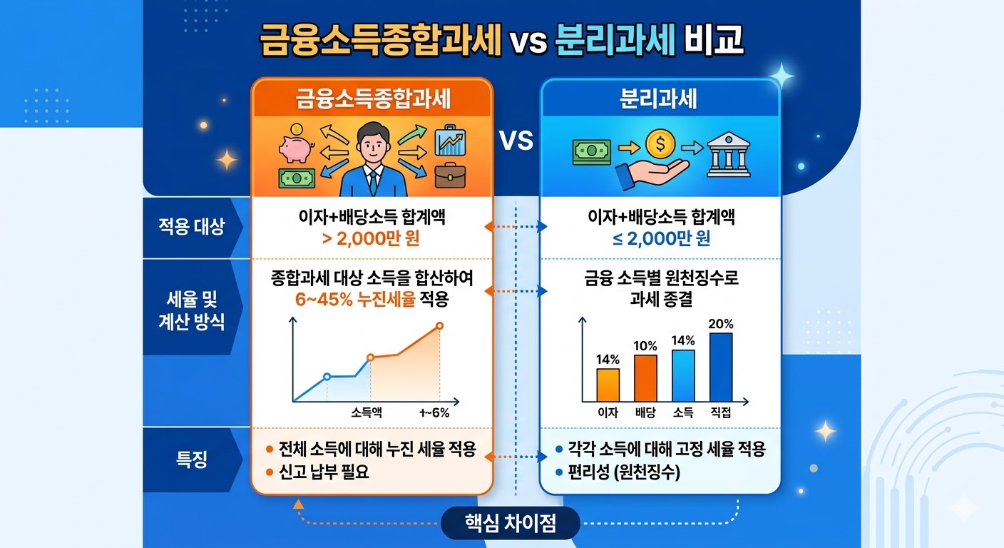 금융소득종합과세와 분리과세의 차이점을 설명하는 비교 그래프