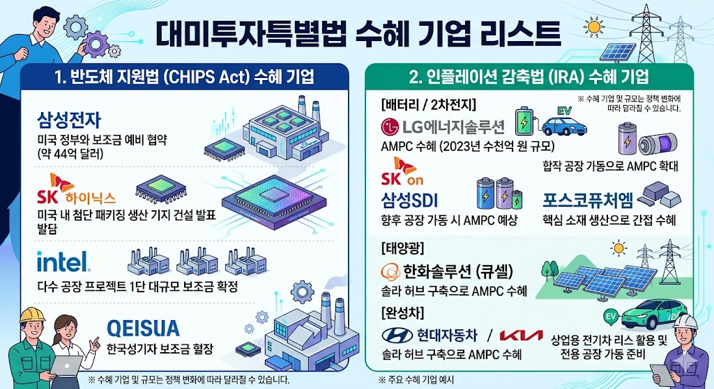 인텔, TSMC, 삼성전자, 마이크론 등 대미투자특별법(CHIPS Act)의 보조금 및 대출 지원을 받는 주요 글로벌 반도체 기업 수혜 현황 리스트