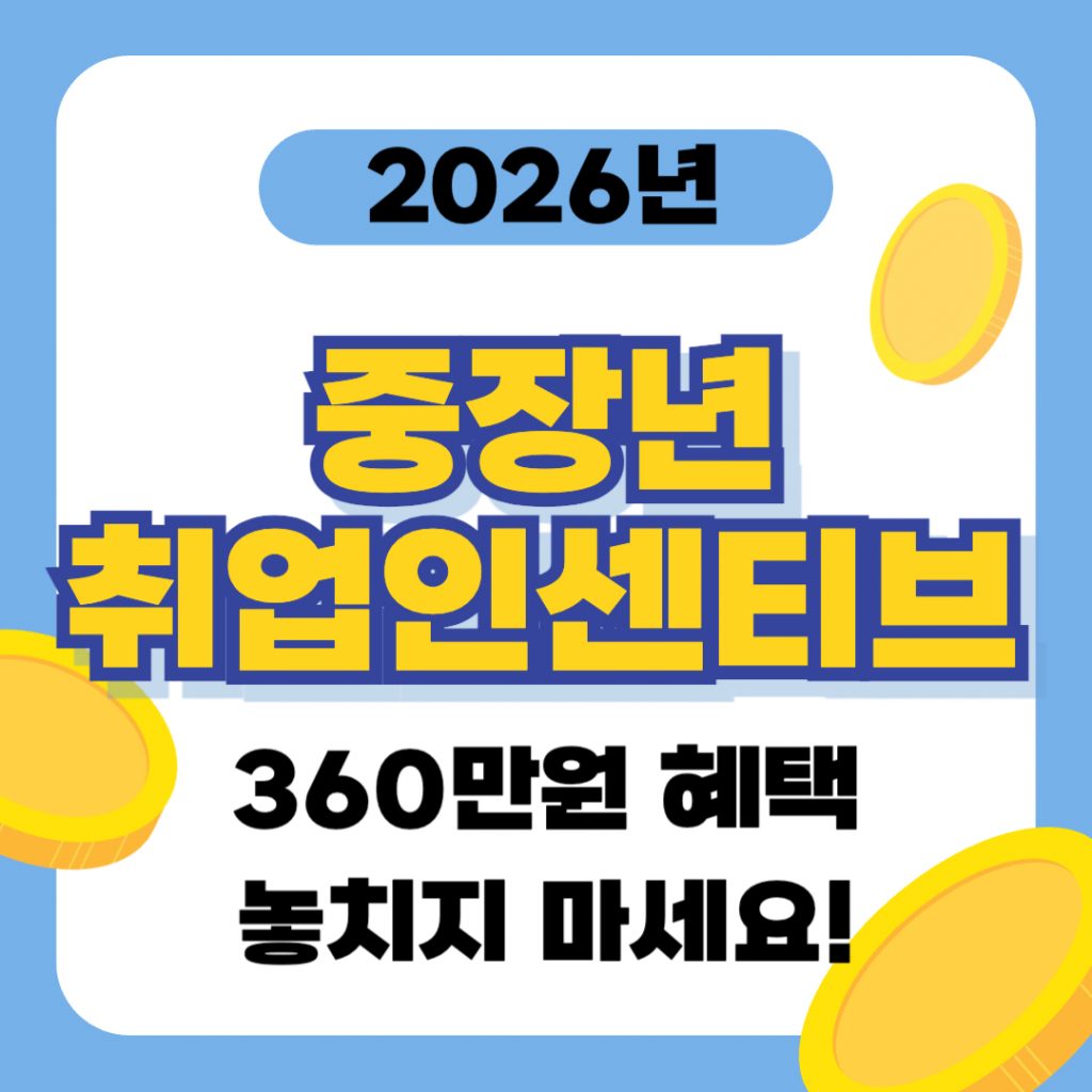'중장년 취업인센티브 360만원 혜택 놓치지 마세요!'라는 문구가 강조된 대표 이미지. 신뢰감 있는 중장년 남녀가 밝게 웃으며 서류를 확인하는 모습과 정부 지원금을 상징하는 원화(₩) 아이콘, '재취업 성공'을 의미하는 그래픽이 포함된 정보성 이미지.